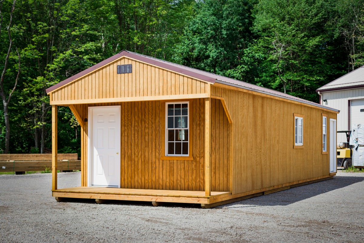 Wooden prefab cabin in barn shed lot