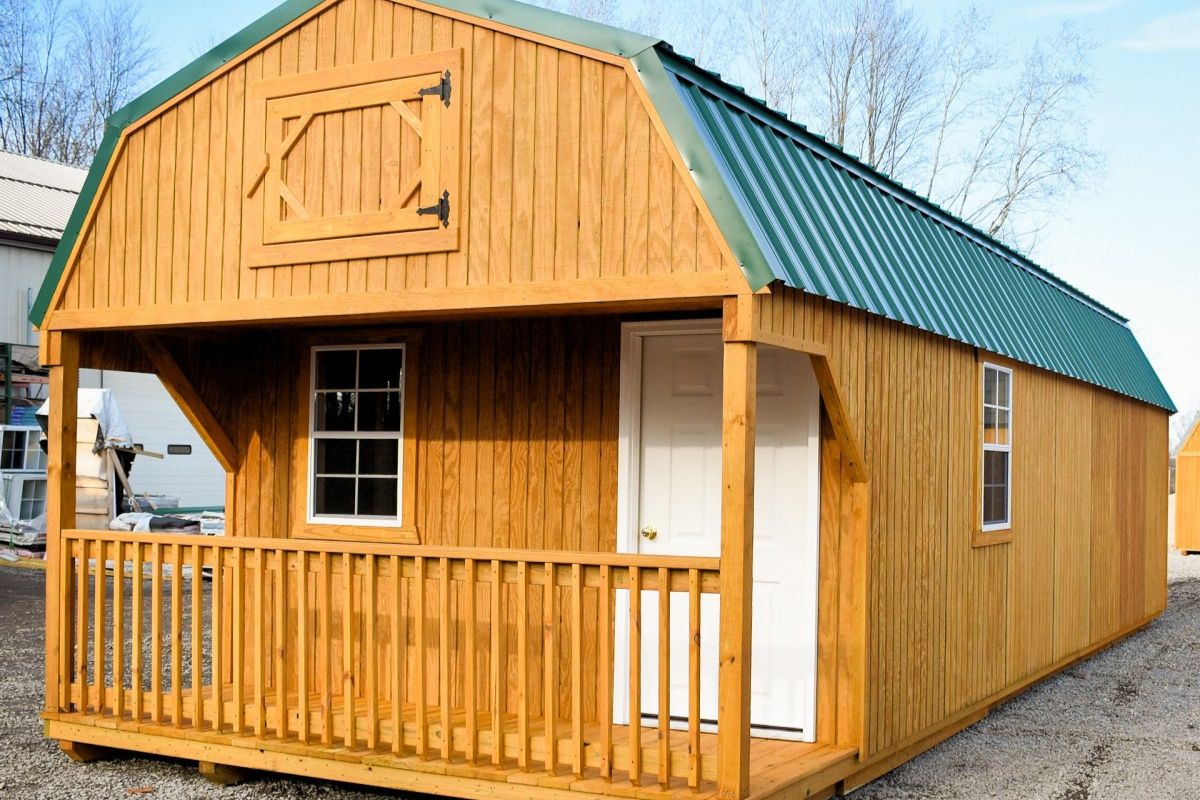 Lofted cabin shed in shed lot