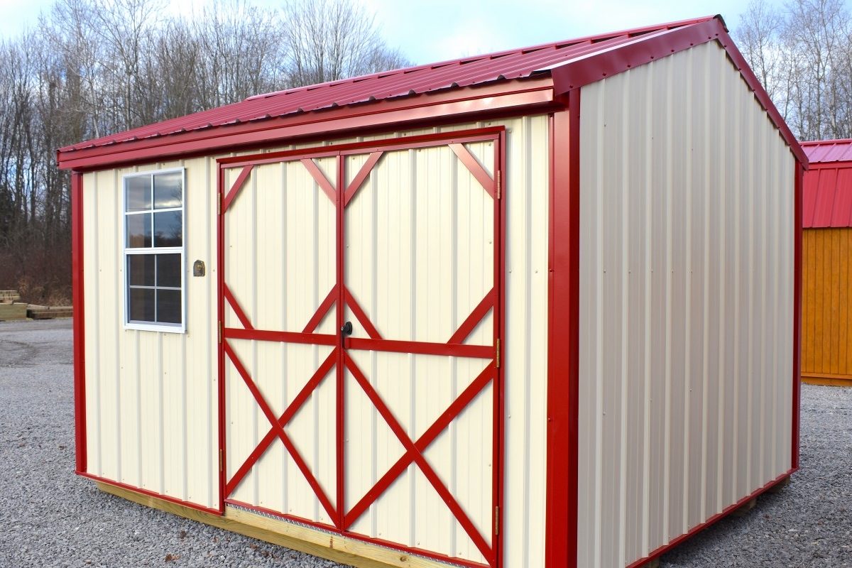 Cream metal garden shed with red trim, window, and double doors