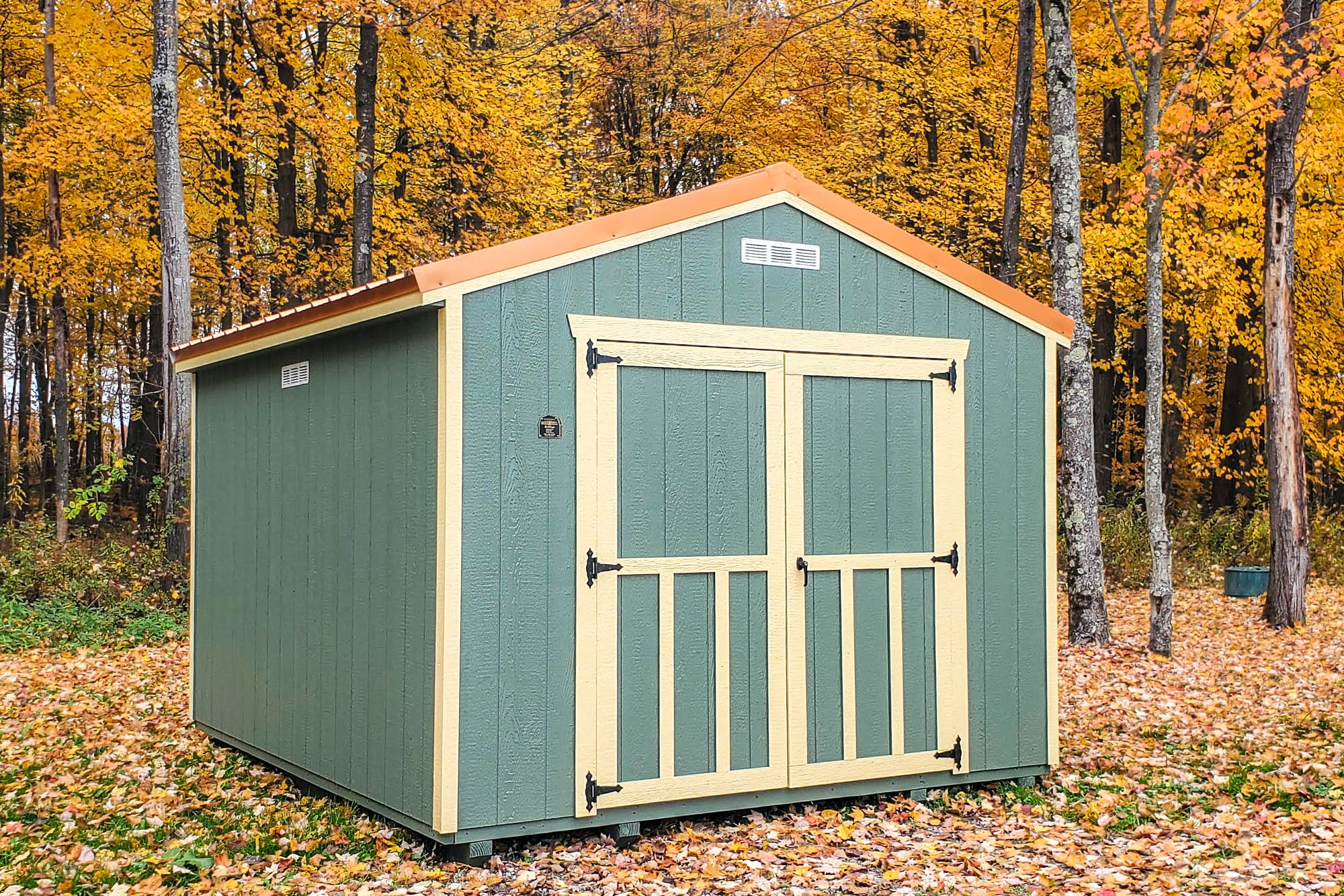 Green utility shed with tan trim and barn-style doors, set among autumn trees with fallen leaves.
